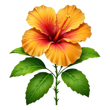 Rare tropical yellow and bold bright orange single Hibiscus flower, hyper realistic. Must have green leaves. Clean thin lines, smooth appearance, no emoji icons, no background, isolated, rendering. 4k, 1.5x1.5 sticker