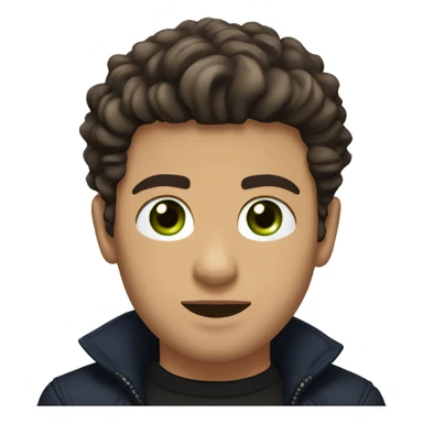 Dark Brown luscious hair for a boy with a black jacket and silver chain across neck, green eyes, navy undershirt, goatee, tanned skin, cut eyebrow, small scar on bottom lip to the right sticker