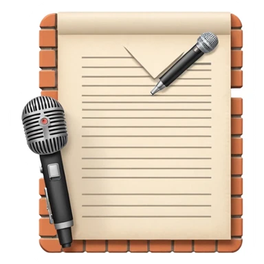 iconography design suitable for emoji reaction; pixel art: white document with a folded top-right corner and horizontal lines, outlined in a brick pattern. At the top center of the document is an icon indicating ai. In front of the document a microphone icon sticker