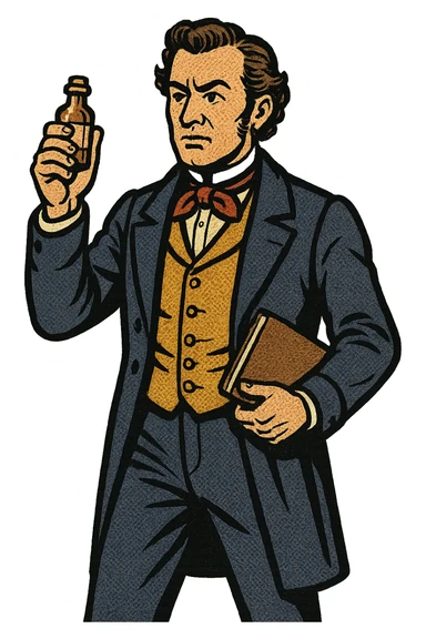 The full body of a male English surgeon from the 1800s holding a small bottle of medicine and a note book sticker