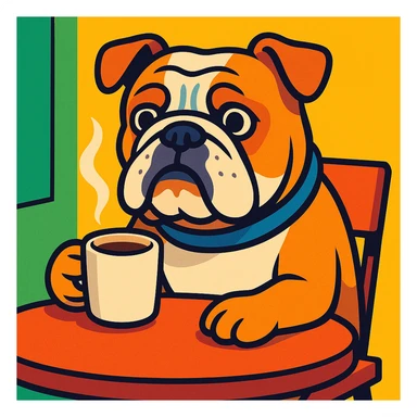 English Bulldog waiting at a table, sipping coffee, vibrant cartoon style sticker