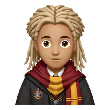 Luke Youngblood is Lee Jordan in harry potter, wear hogwarts uniform, dreadlocks hair, gryfindor scarf around neck sticker