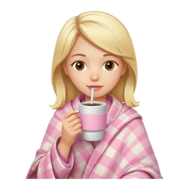 cute blonde girl wrapped in pastel pink plaid blanket drinking coffee sticker