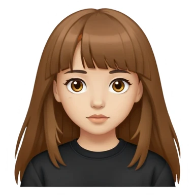 Light skinned girl with brown eyes, long brown hair with bangs, wearing a black sweatshirt sticker