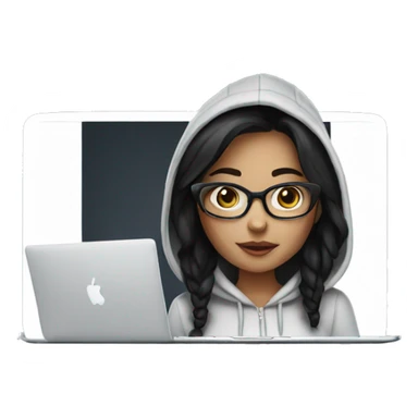a white tenage girl with black hair and glasses wearing a hoodie working on a macbook sticker