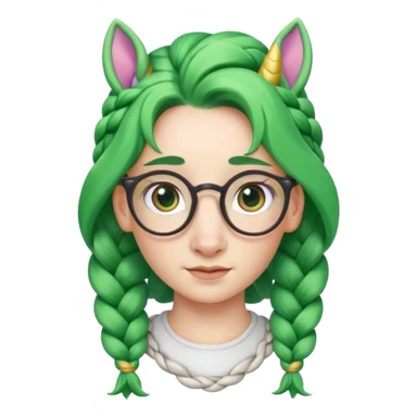 braided unicorn wiith big visible braids looking into the camera spectacled green hair and no ears sticker