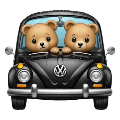 Two teddy bears in black Volkswagen in the rain sticker