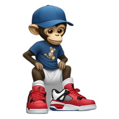 Monkey wearing Jordan 4 on its  feet  with a bunch of Nike clothes  with a Nike hat sticker