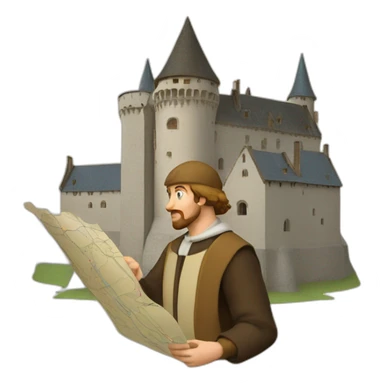 medieval architect in action, thinking over a map of a building sticker