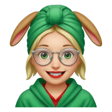 A woman who has a big rabbit-like front teeth wearing a green towel in her head with a broken glasses on her face in red pajamas sticker