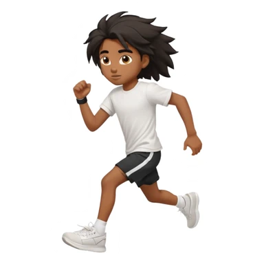 generate a pretty bratz brown skinned boy with black messy long hair wearing a white tshirt and black running shorts. running on the street with white sneakers sticker