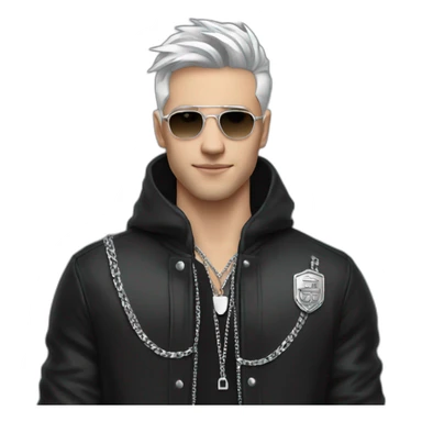 A white England strong male wearing silver chain on a black jacket,cool,style sticker