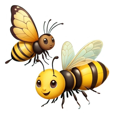 butterfly and bee sitting on a tree branch in a forest, cute and friendly sticker