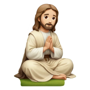 Jesus kneeling to pray in a garden, hands clasped, reverent expression, emoji style sticker