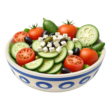 mediterranean salad bowl object icon, tomatoes, cucumbers, olives, feta cheese, olive oil dressing, 3D cartoon, mobile game icon style, clean background, no text, no watermark
 sticker