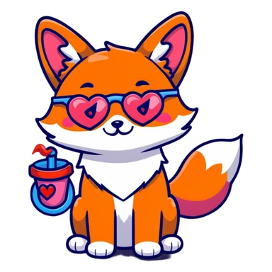 baby fox with heart glasses blowing party horn sticker