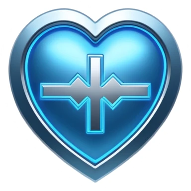 Futuristic premium medical AI logo emoji, sleek metallic heart or shield, ECG line forming stylized letters AI, neon blue and silver, 3D effect, glowing edges, minimal but bold, tech-savvy, high-tech healthcare branding, instantly recognizable, viral-ready, vector flat style with subtle shadows sticker