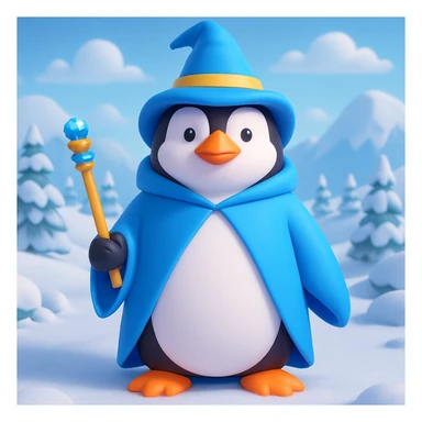 Add a snowy landscape background behind the 3D emoji style penguin wizard, keep all original colors and style. Make it 3D emoji style. sticker