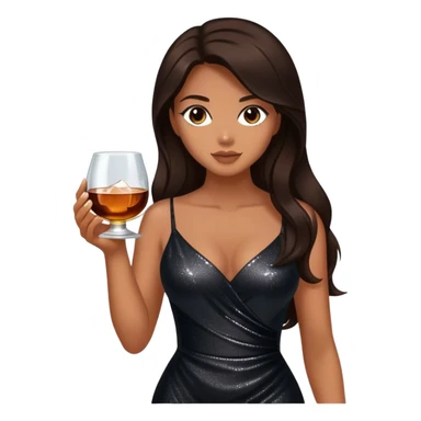 Beautiful woman in 1950’s woman fashion look, black shimmery dress, long dark brown hair, whisky with ice sticker