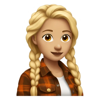 Woman turned around with blonde hair braided wearing a brown and orange flannel sticker