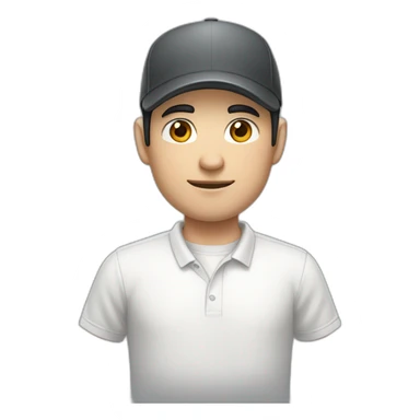 Pale skinned Man with black hair in a white cap and dark gray polo T-shirt with a box into his hands sticker