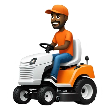 Black skin guy with beard, orange shirt, orange hat, black jeans and white jordans lowing a lawn with red and black lawn mower sticker
