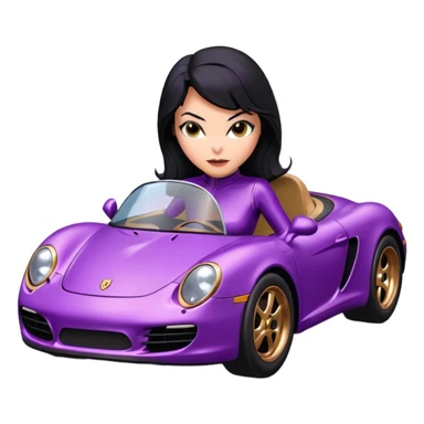 BatGirl driving her satin-black and rose gold 56 Porsche spider too fast in the country despite the rainy conditions making the tires slippery sliding sideways and her black hair flutter (purple shiny latex catsuit  sticker