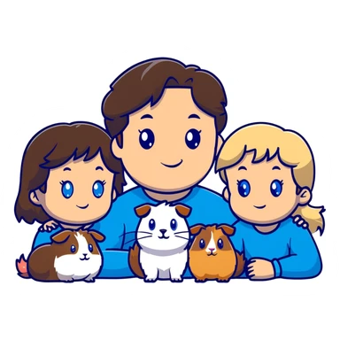 Family portrait with father with dark brown hair and blue eyes, mother with light brown hair and blue eyes, three blonde little girls with blue eyes, plus a grey cat and two guinea pigs sticker