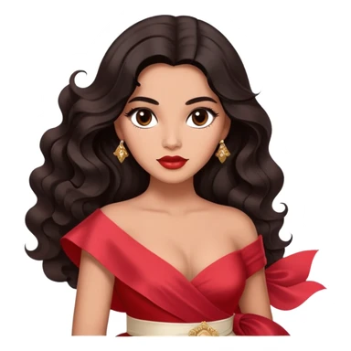 A woman with canela-toned skin, dark voluminous hair in waves, expressive eyes with soft lashes and shimmer, full lips with a glossy nude-pink color, wearing a red dress and a white sash with “Miss San Juan” in black letters, exuding elegance and confidence sticker