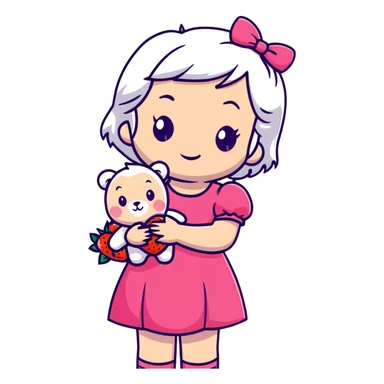girl with white hair holding a strawberry wearing a pink dress holding a teddy bear sticker