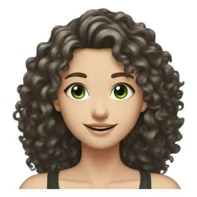 white girl with black long curly hair and green eyes smiling sticker