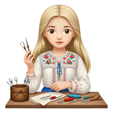 Ukrainian young girl with long hair wearing a white embroidered traditional shirt (vyshyvanka) holding sewing tools like a needle and thread sticker
