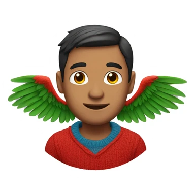 Brunette man with parrot wings coming from his ears, red sweater sticker