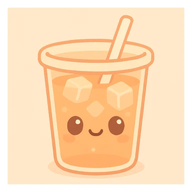 kawaii style iced tea cup with a happy face, ice cubes, and soft orange colors sticker