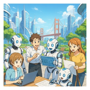 Anime-style AI and humans working together in a bright, clean, futuristic San Francisco, joyful and optimistic sticker