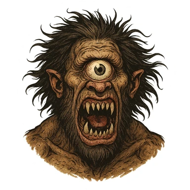 Cyclops, monstrous, sharp teeth, wild hair, one eye sticker