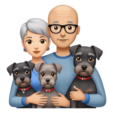 A bald man and woman with short hair with three schnauzers sticker
