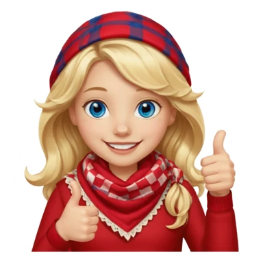 Blonde Girl, Blue Eyes, wavy hair, smiling, thumbs up, wearing red Checkered Triangle scarf sticker