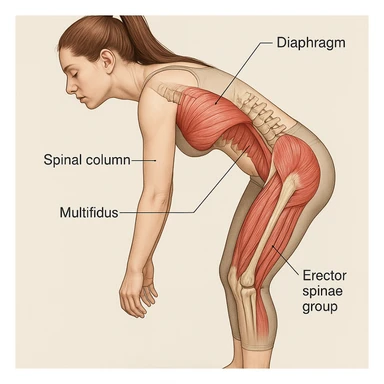 Anatomical illustration of the girl in this position focusing on the diaphragm, spinal column, and postural muscles in a medical style. sticker