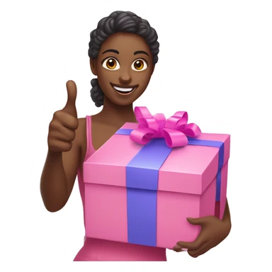 white skinned influencer advertising pink gift box in hands and thumbs up sticker