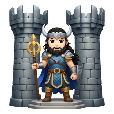 vikingo con armadura de Asgard, pelo negro ondulado, de pie, grito de guerra en torre de Asgard. sticker