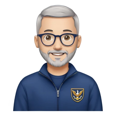 Man with light skin, extremely short black hair (military buzz cut), short peppered gray beard, large black-framed glasses, smiling face, navy blue zip-front sweatshirt with long sleeves sticker