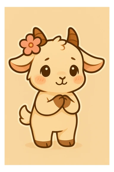 Add a little pink flower in front of one horn of the chibi goat. Make the chibi goat look up at the viewer with shy eyes, keeping the bashful and shy pose, slight blush, hands together in front, both legs on the ground. Keep a simple background. sticker