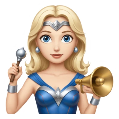 Blonde blue eyes Wonder Woman holding bell and short white orchestra conductor’s baton  sticker