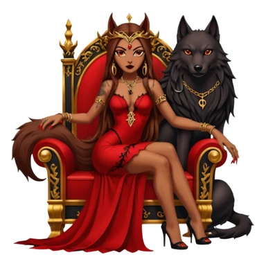Caramel skin toned Lilith symbol seductress evil brown straight long hair haired, sexy succubus woman with red and black Chanel dress sitting on a Black and gold throne. A large black wolf laying beside her. Tattoos all down her arms sticker