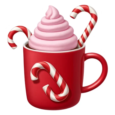 hot chocolete with pastel pink marshmallows in red christmas mug and candy cane, trendy aesthetic sticker