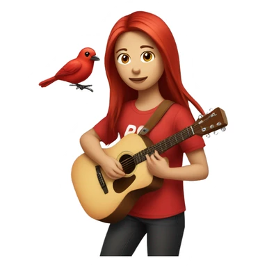 Girl red colored medium long hair with a red shirt playing guitar and she has a bird on her shoulder sticker