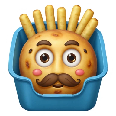 long fried potatoes in a blue carton, carton has eyes and mustache sticker