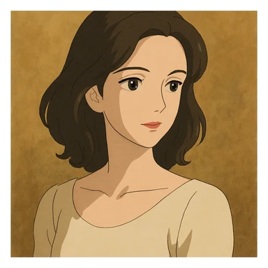 tasteful portrait of a brunette woman, soft lighting, elegant expression, color illustration, ghibli style sticker
