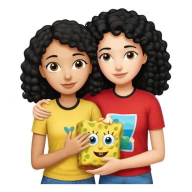 brown girl with black curly hair hugging a white girl with black straight hair and they’re both wearing spongebob shirts  sticker